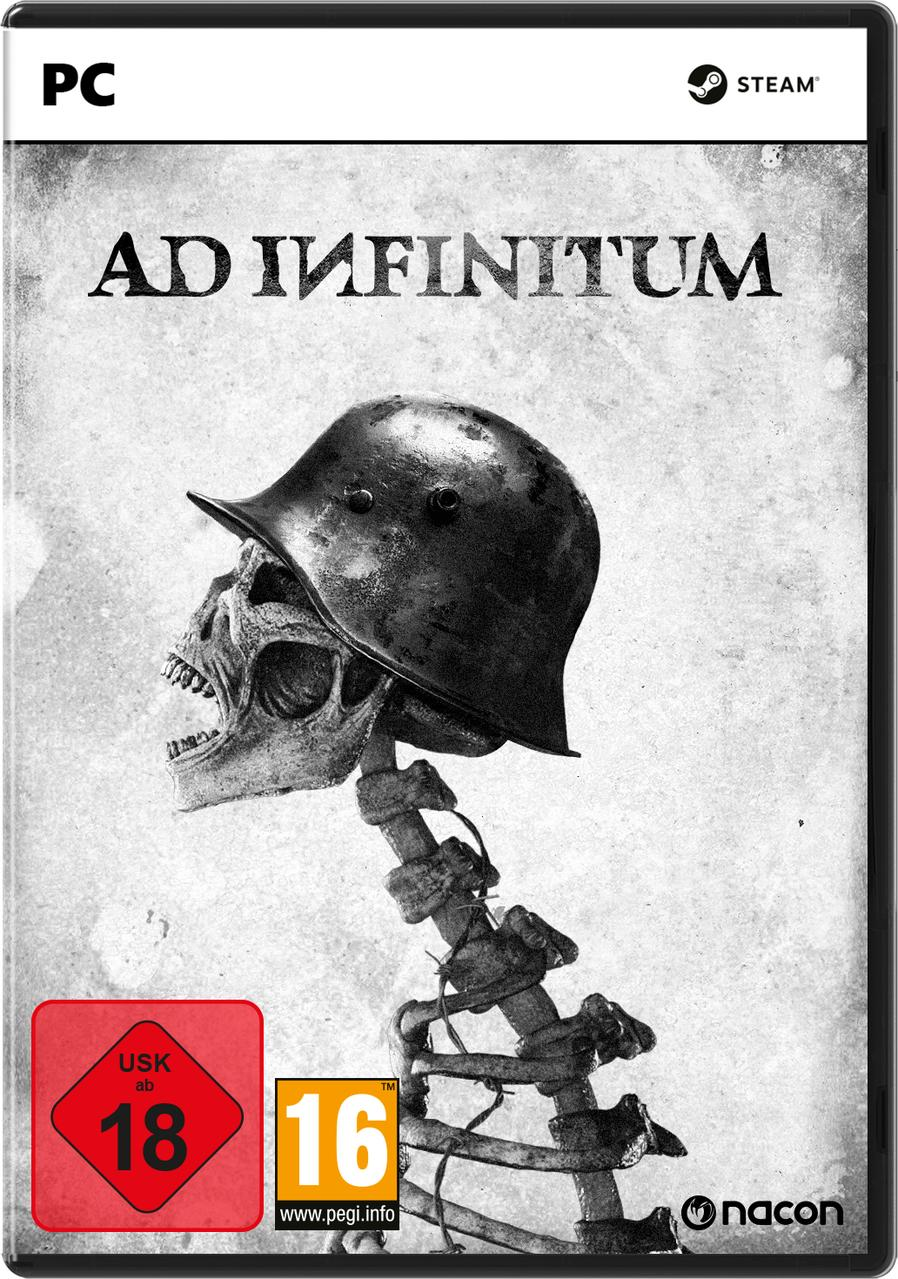 Spiel-Cover: Schädel mit Helm, Titel Ad Infinitum, Schwarzweiß.