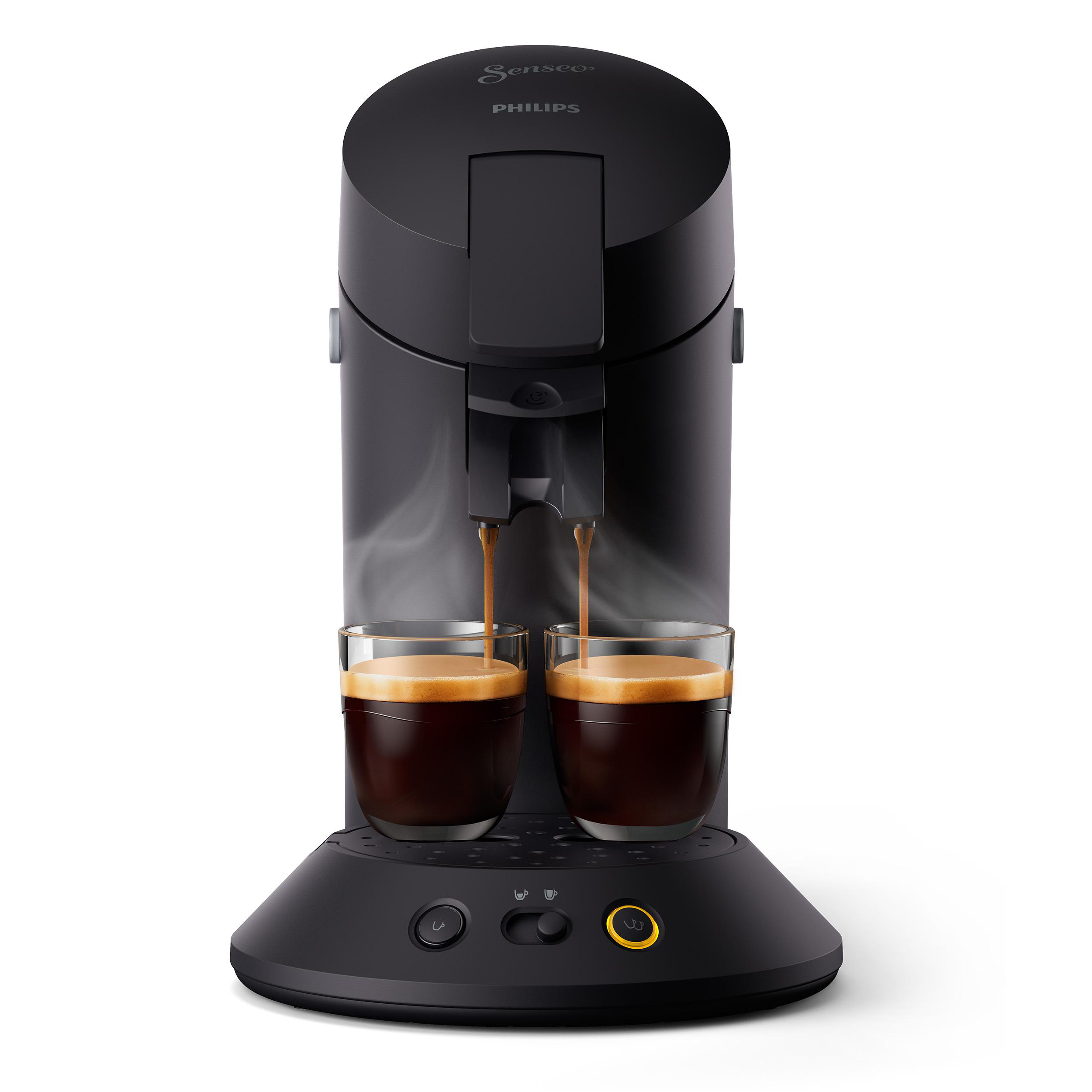 Schwarze Philips Senseo Kaffeemaschine, die Kaffee in zwei Gläser brüht.