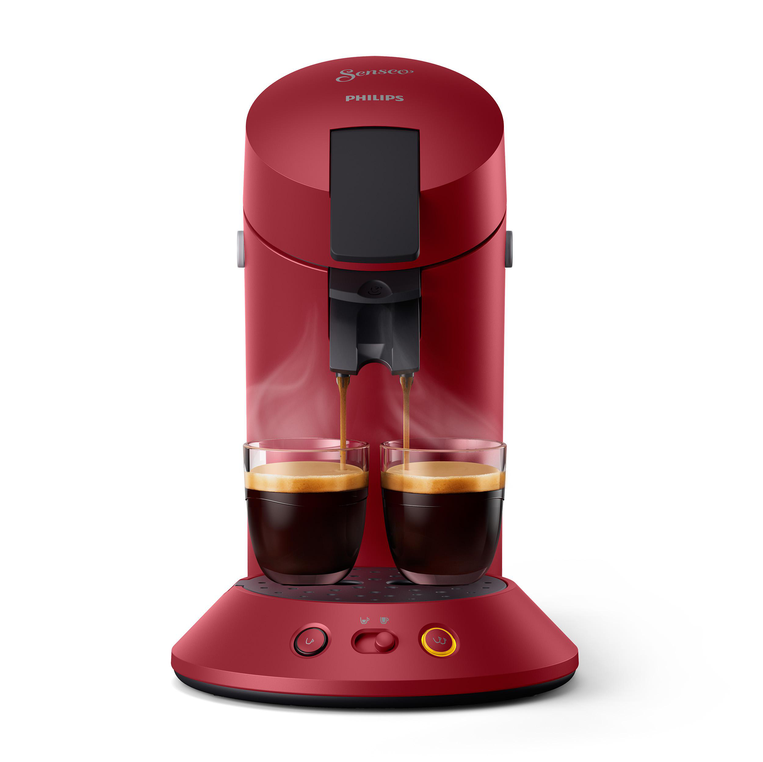 Eine rote Kaffeemaschine mit zwei Gläsern Kaffee, die von oben dampfen.