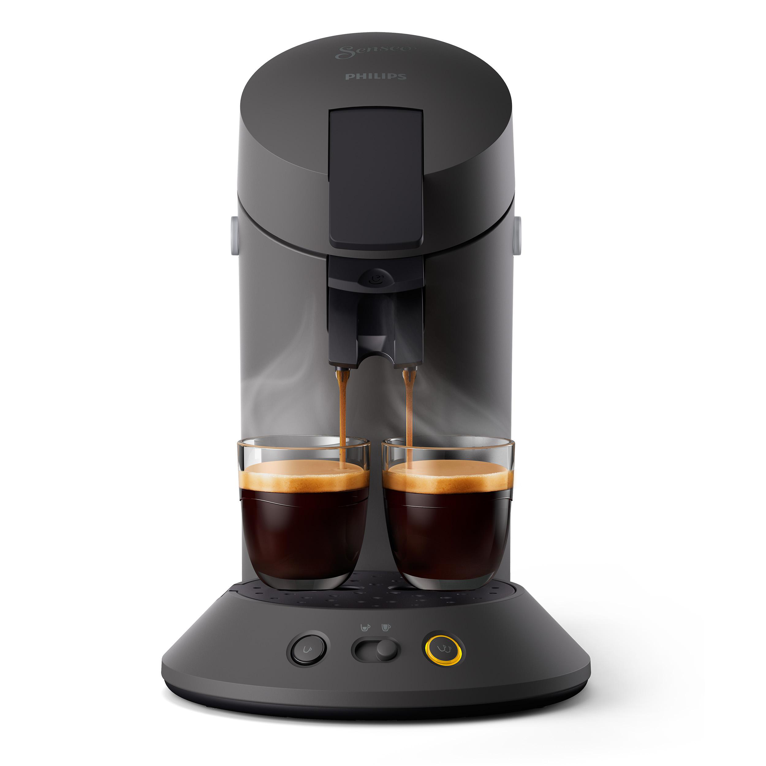 Grauer Kaffeezubereiter mit zwei Tassen Kaffee. Dampf steigt auf. Weißer Hintergrund. Philips Logo.