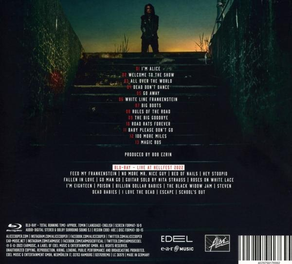 Alice Cooper Blu-ray lemez tokjának hátulja, számlistákkal és stáblistákkal.