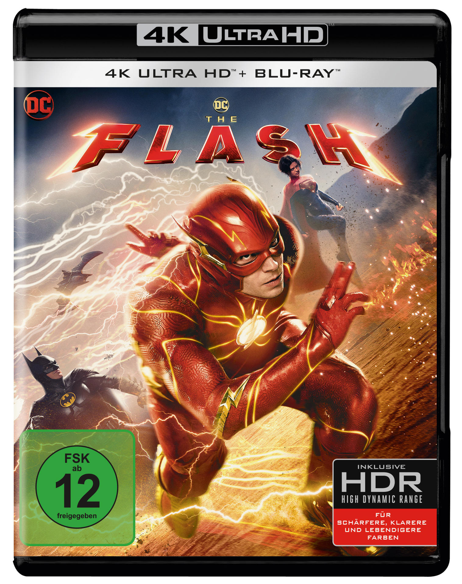 The Flash 4K Ultra HD Blu-ray-Cover. Flash im Kostüm, Blitzeffekte, Batman und Wonder Woman im Hintergrund.
