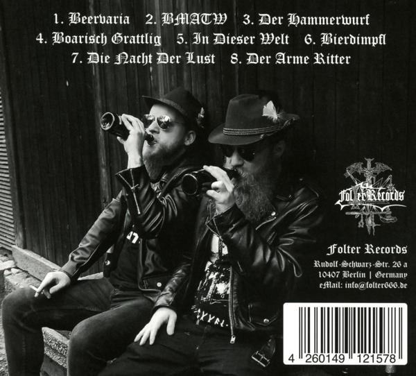 Zwei Männer mit Bärten trinken aus Flaschen, Text auf der Albumrückseite.