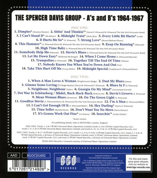 Das Spencer Davis Group - A's and B's 1964-1967 Albumcover, mit Titelliste in Weiß.