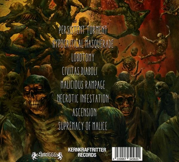 Albumcover mit Text über eine Band und einer gruseligen, zombieartigen Illustration.
