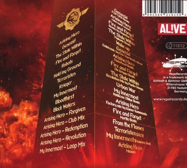 Albumcover mit Text, der Songtitel und Logos auflistet. Hintergrund ist rot.