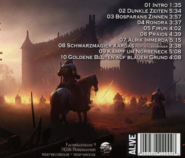 Albumcover mit mittelalterlicher Szene, Rittern, Feuer und Text.