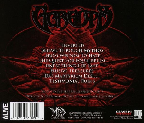 Rückseite eines schwarz-roten Albumcovers mit Text und Logo.