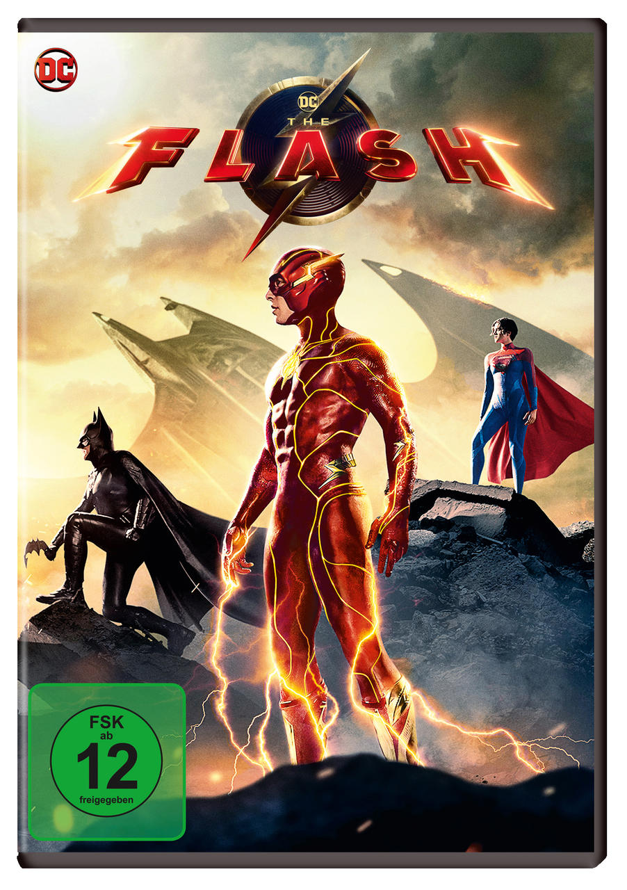 The Flash Film-DVD-Cover. Flash im roten Anzug, Superman, Batman und stürmischer Himmel.
