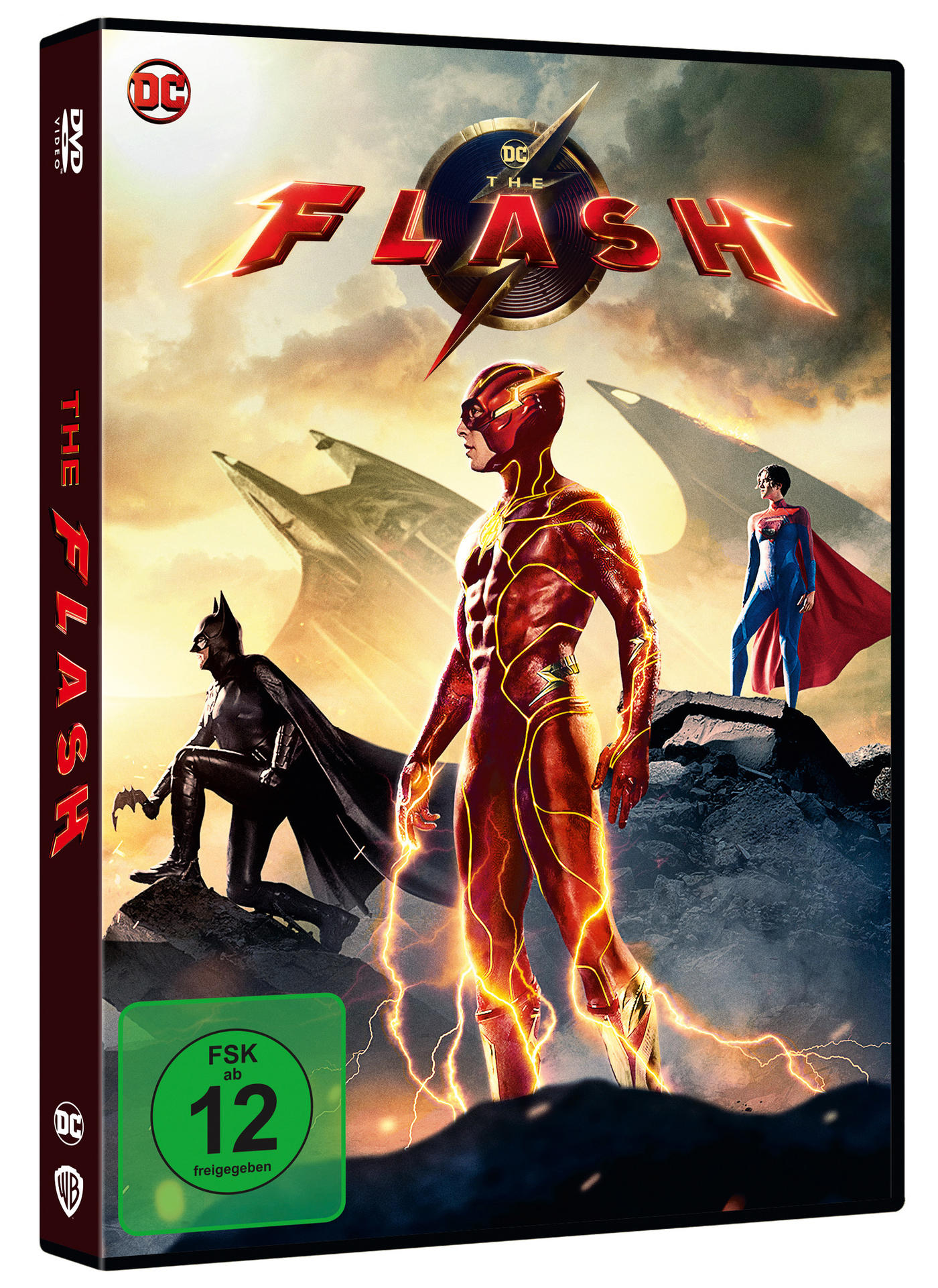 DVD-Cover von 'The Flash' mit The Flash, Batman und Superman in einer Superheldenpose.