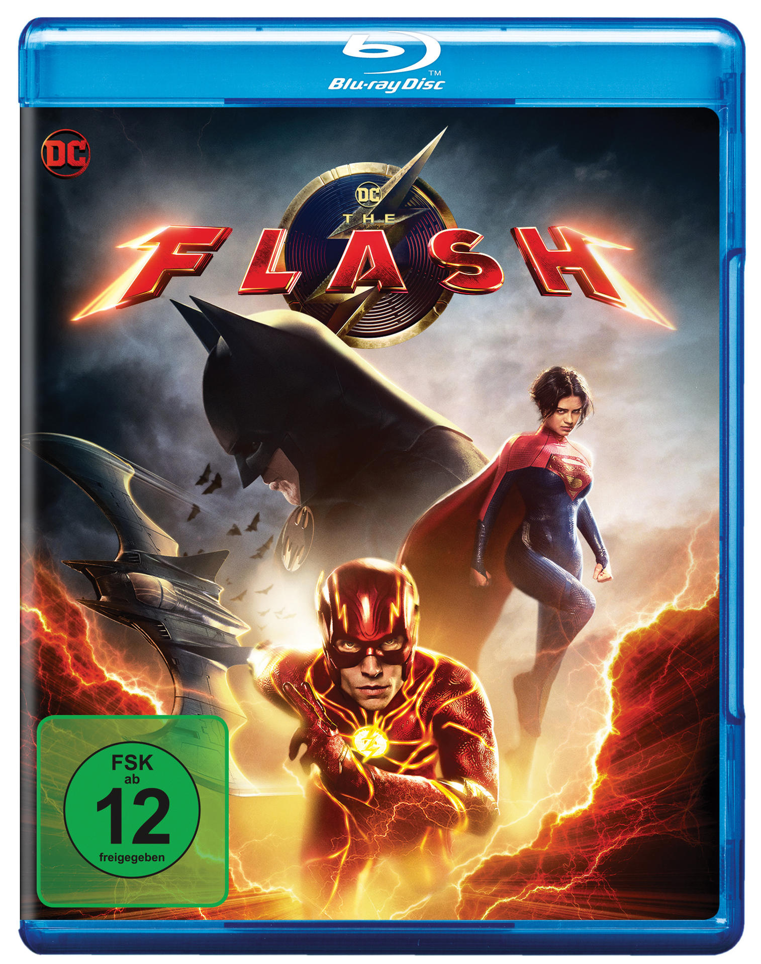 Blu-ray-Hülle des Films The Flash. Mit Batman, Flash und Superman.