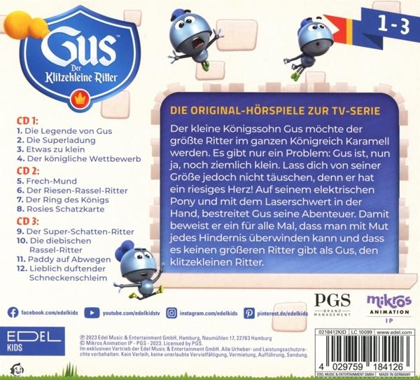 CD-Cover für Gus, den kleinen Ritter. Zeichentrickfiguren und eine Titelliste sind auf dem Cover.