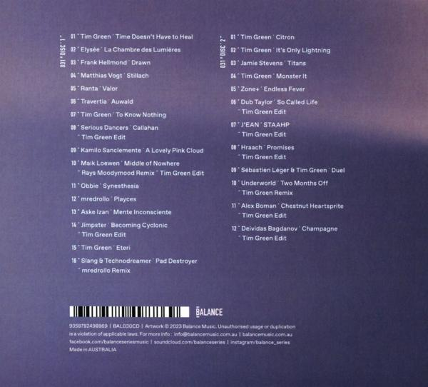 Rückseite der CD mit Titelliste, einschließlich Künstler- und Songnamen. Text in mehreren Sprachen.