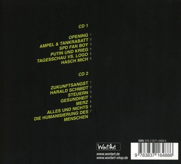 Rückseite einer CD mit Songtiteln in gelbem Text auf schwarzem Hintergrund.