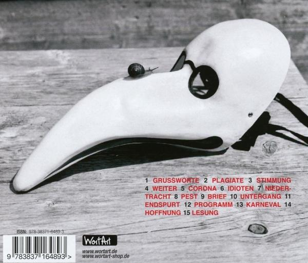 Ein altes Buchcover mit einer Pestdoktormaske und einer Schnecke. Text auf Deutsch.