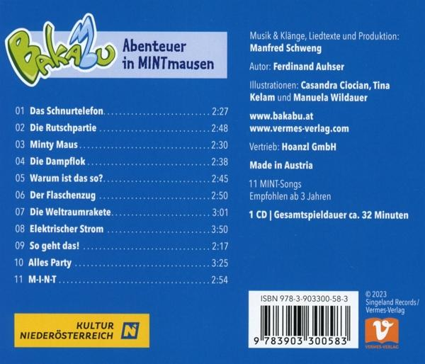 Rückseite einer CD-Hülle für Bakabus 'Abenteuer in MINTmausen' mit Titelliste und Credits.