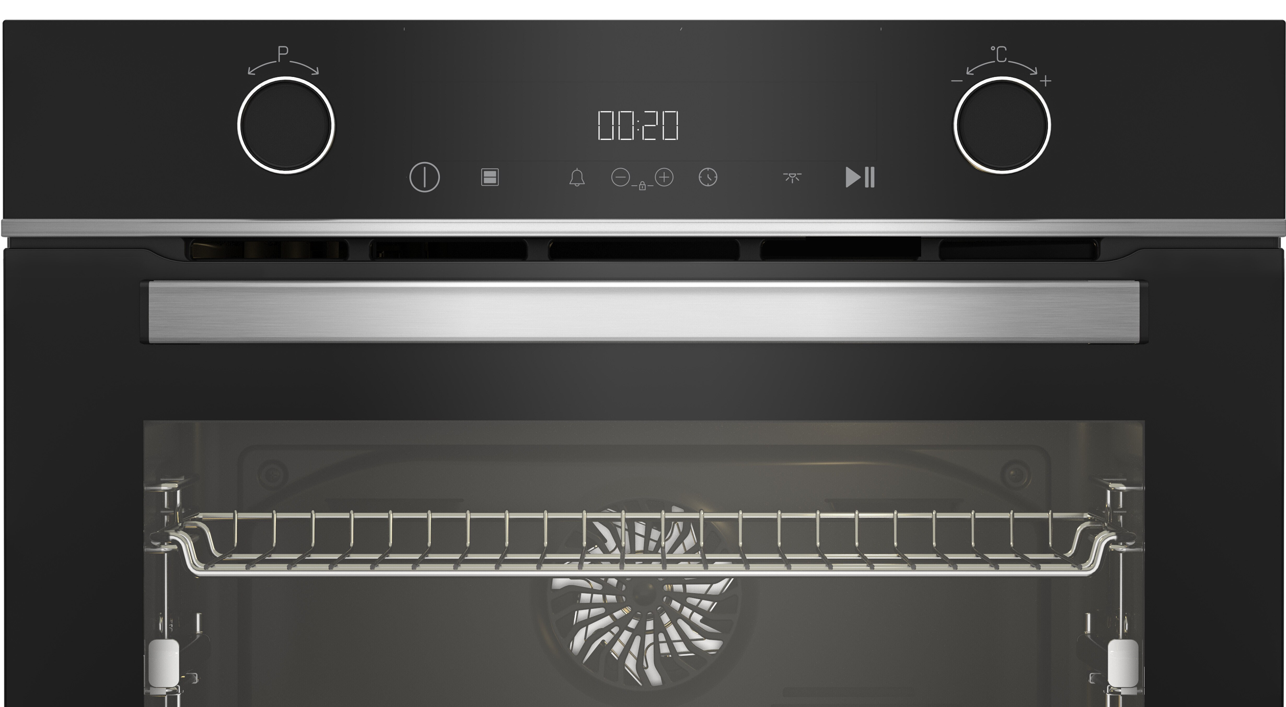 Wnętrze piekarnika z elementami sterowania, rusztem i wentylatorem, ciemne tło.