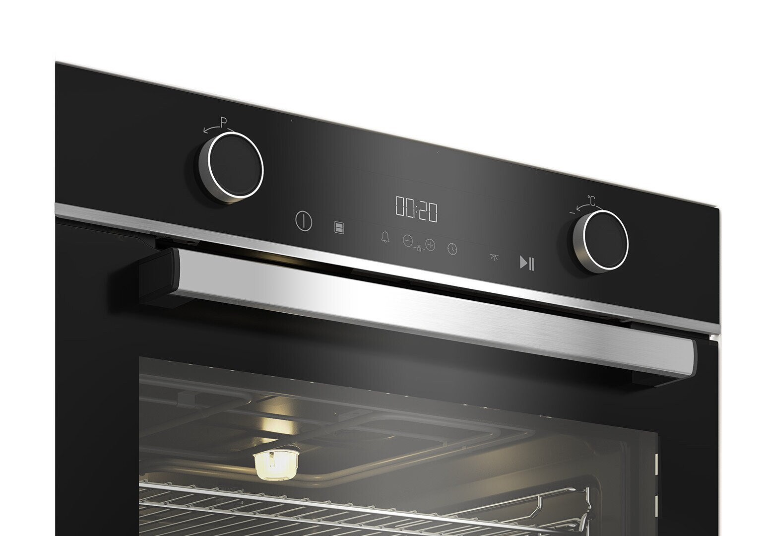 Zbliżenie panelu sterowania piekarnika. Pokazuje cyfrowy wyświetlacz, pokrętła i symbole na czarnej powierzchni.