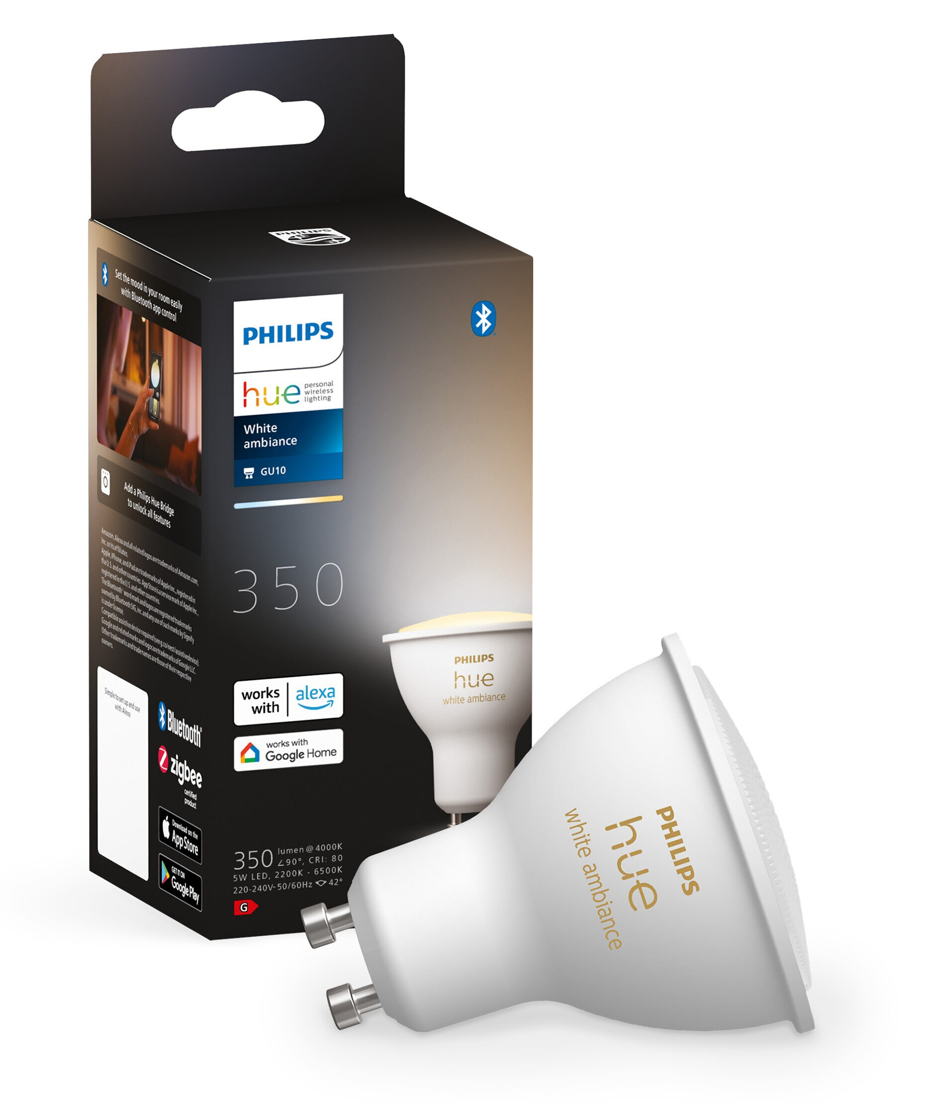 Żarówka Philips Hue white ambiance w pudełku, ze specyfikacjami.