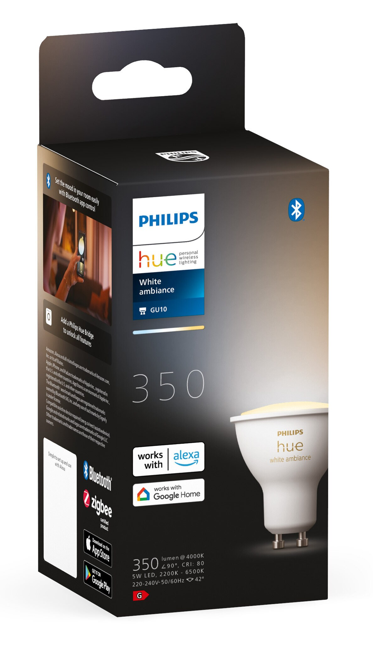 Pudełko światła Philips Hue w kolorach białym i niebieskim.