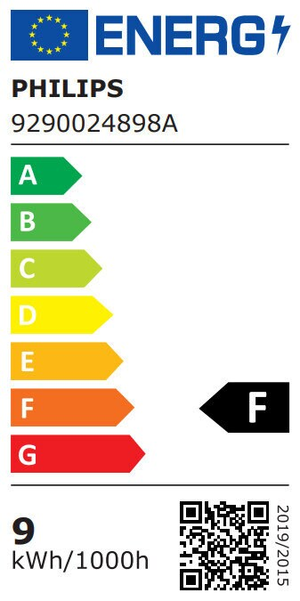 Etykieta efektywności energetycznej dla lampy Philips, pokazująca klasę F.