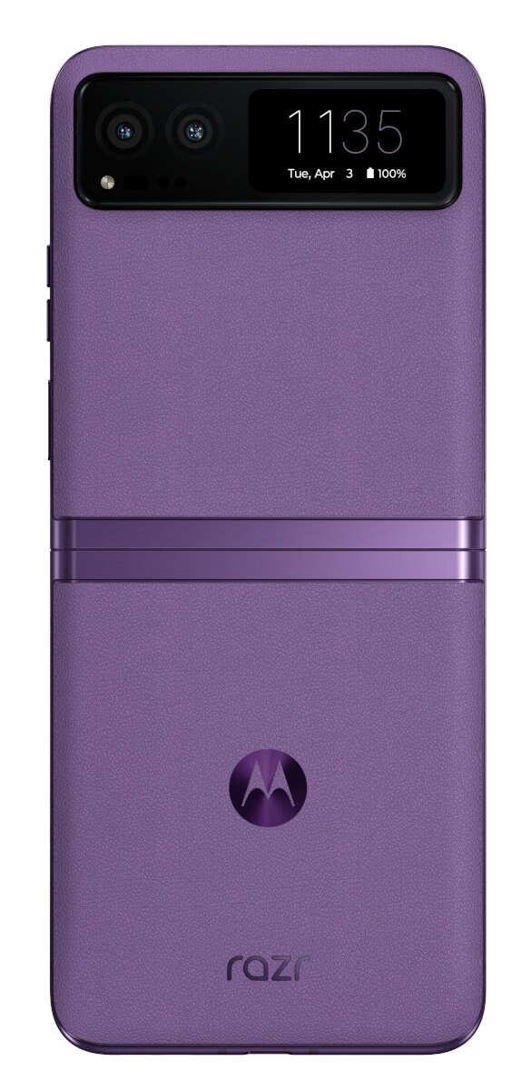 Fioletowy składany telefon Motorola Razr, zamknięty. Wyświetlacz pokazuje godzinę i procent baterii.