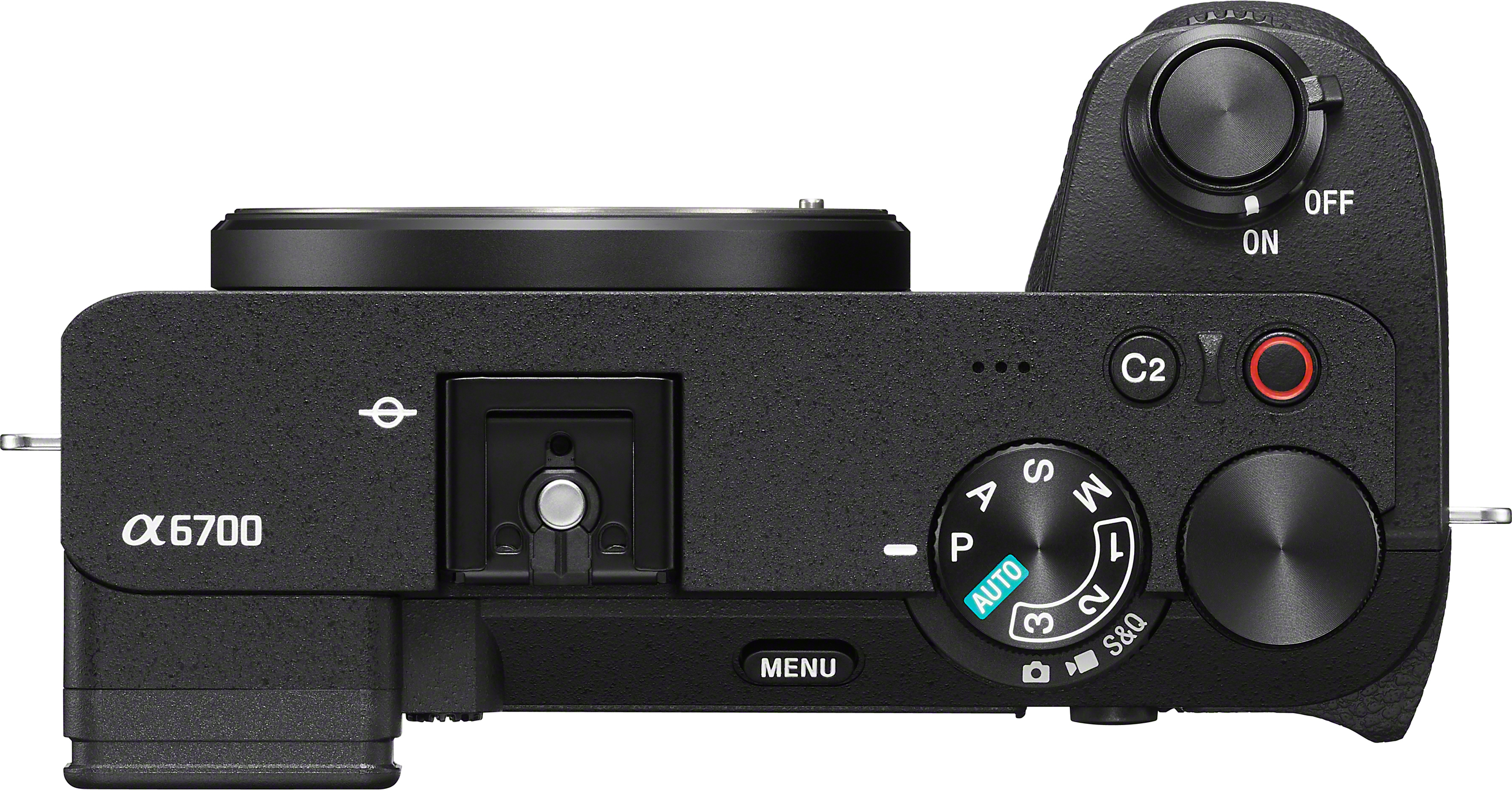 Fotocamera nera α6700 con obiettivo e ghiera delle modalità.