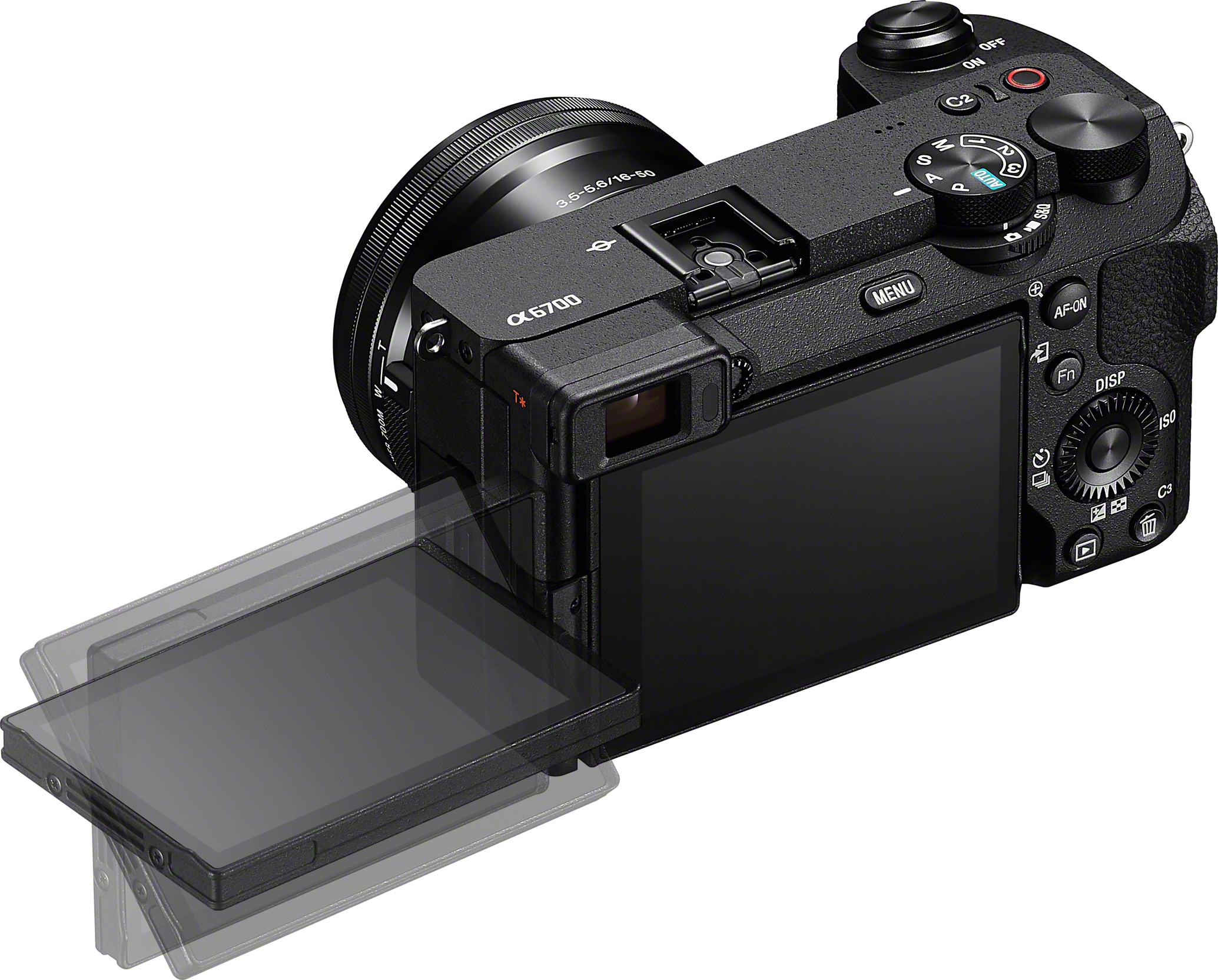 Fotocamera nera con obiettivo e schermo ribaltabile. Lo schermo è parzialmente esteso.