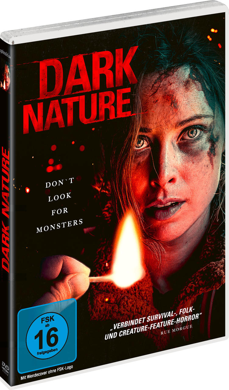 DVD-Cover für Dark Nature. Eine Frau mit blauem Gesicht hält ein Streichholz. Der Text ist sichtbar.