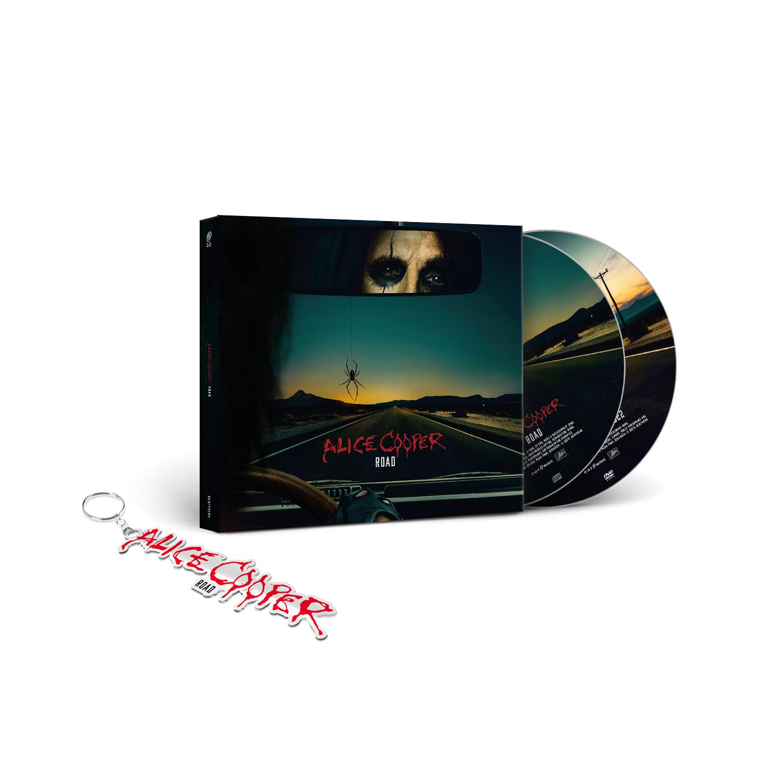 Alice Cooper Road-Album mit zwei Discs, Cover-Art, Schlüsselanhänger und der Straße.