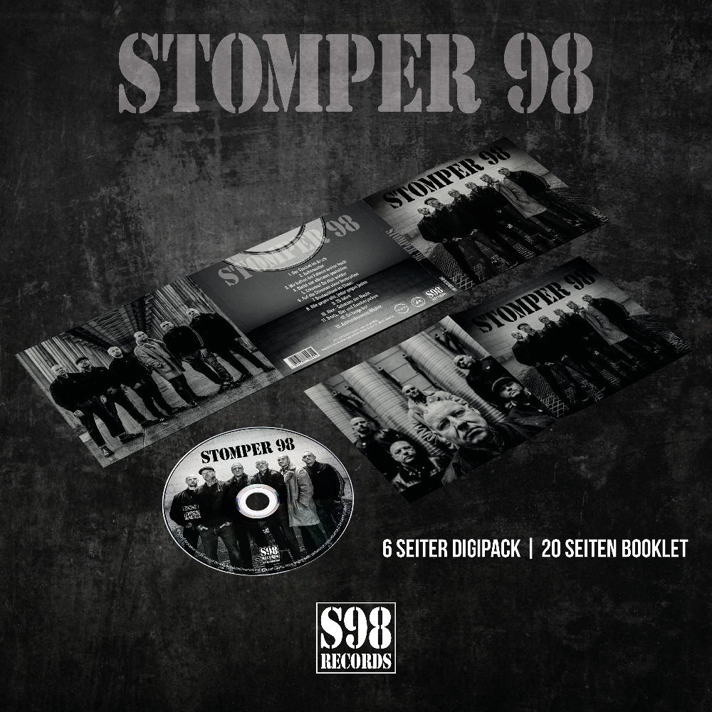 Stomper 98 Albumcover. CD und Booklet auf strukturiertem grauen Hintergrund.