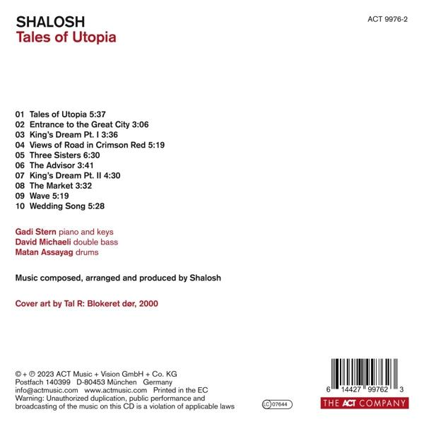 Album-Rückseite für Shalosh Tales of Utopia. Enthält eine Titelliste, Credits und Urheberrechtsinformationen.