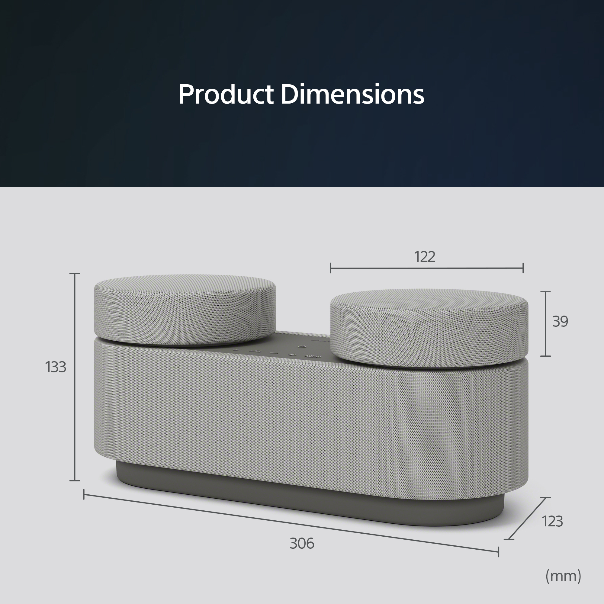 Dimensions du produit, un banc gris avec des dimensions en millimètres.