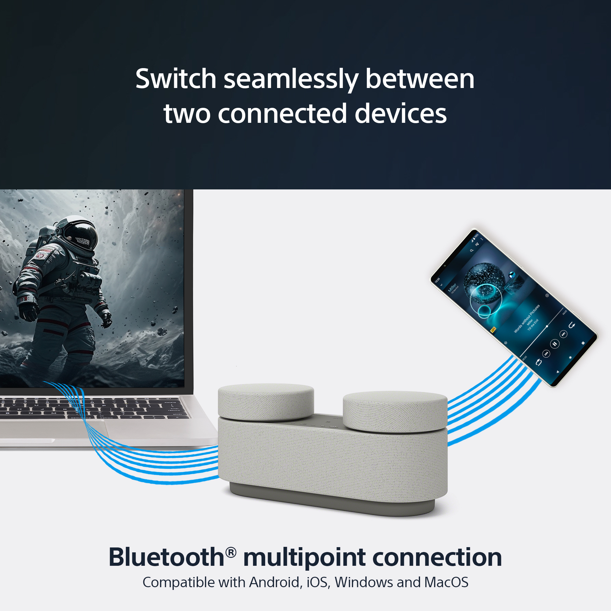 Un astronaute sur un écran d'ordinateur portable, un système audio et un téléphone connectés via Bluetooth.
