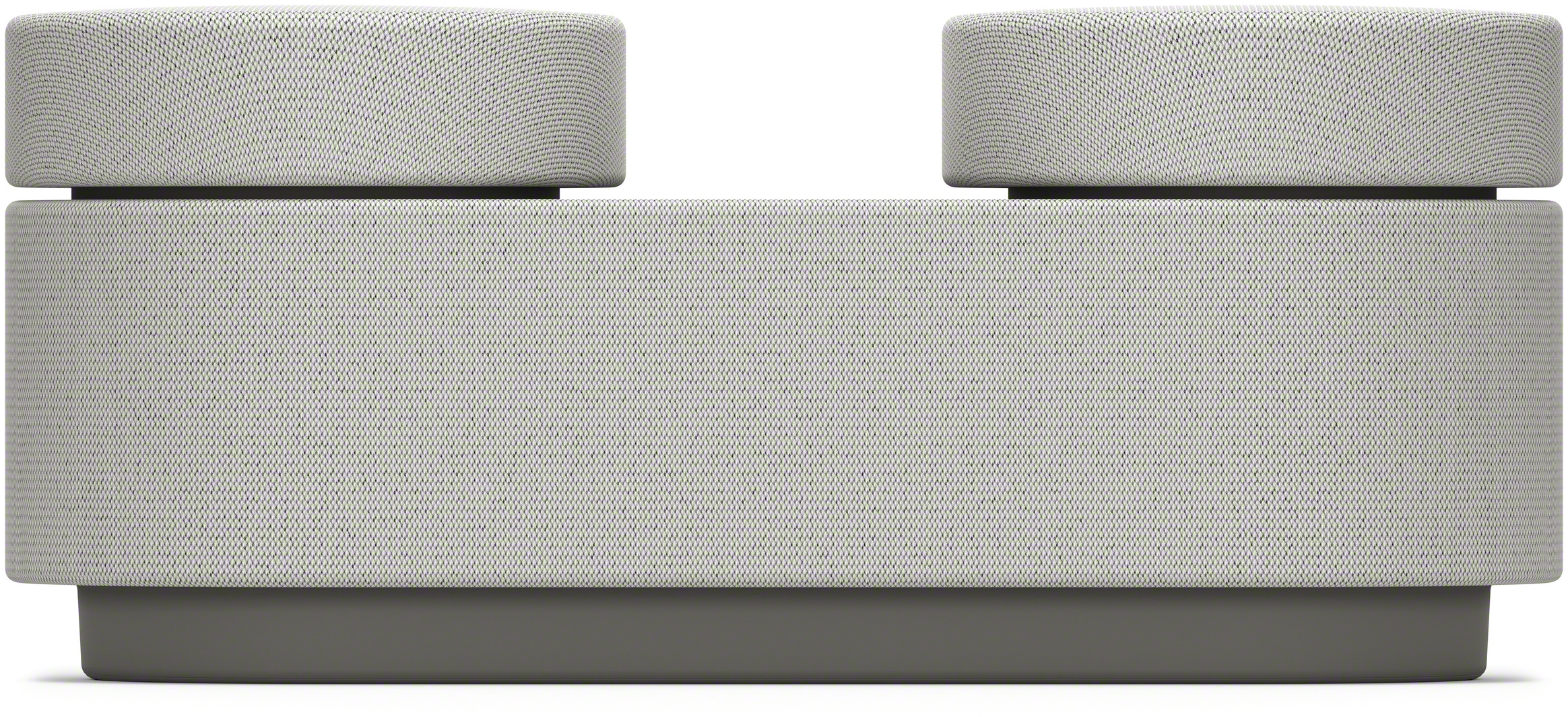 Ein graues Sofa mit zwei Kopfstützen und einem grauen Sockel.
