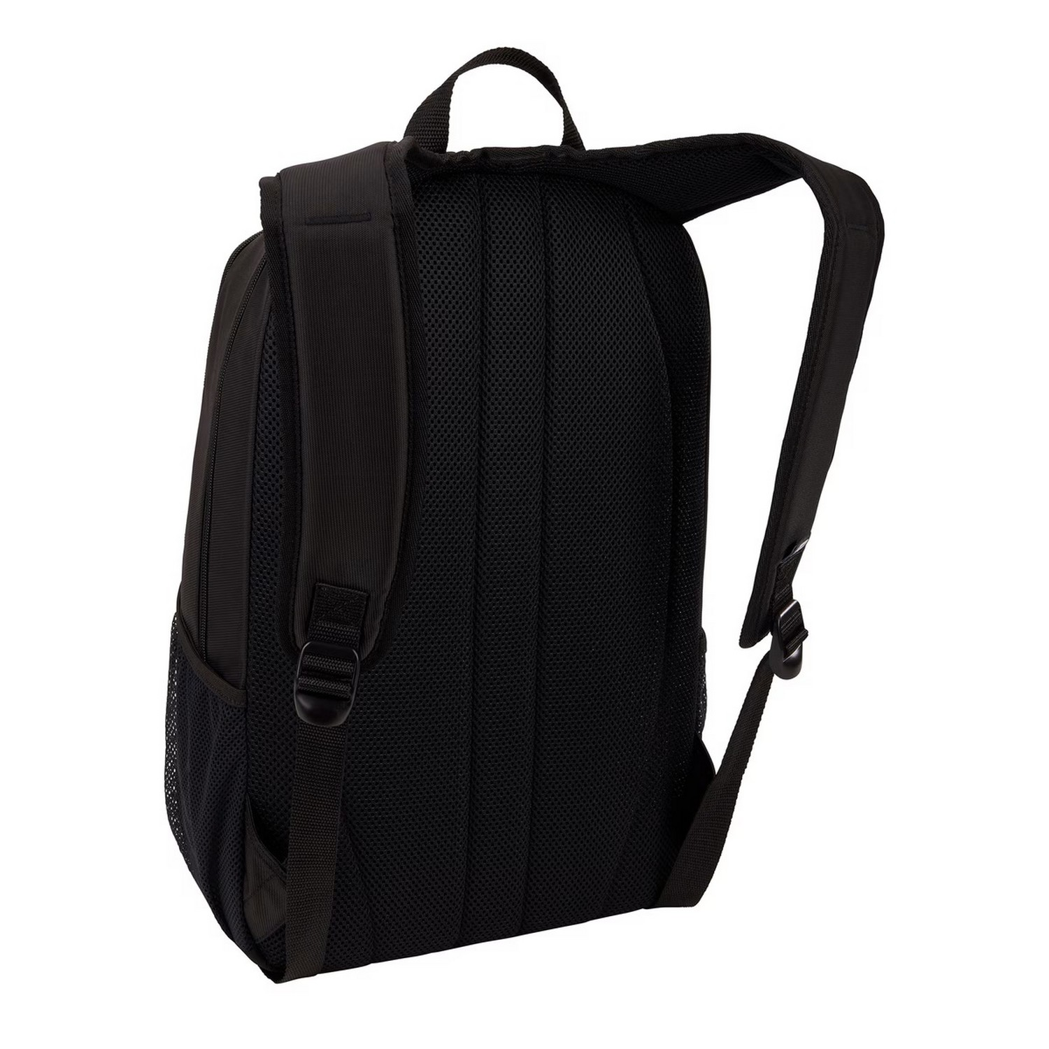 Black backpack, back view, with mesh and padded straps, isolated on white.