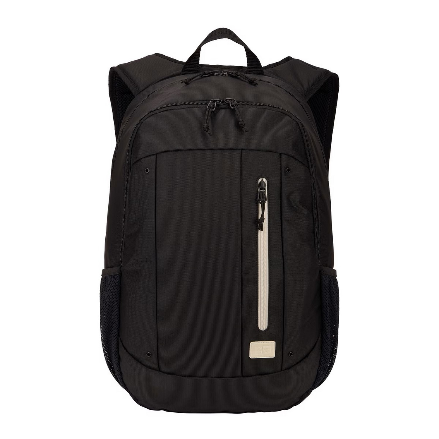 Black backpack with white zipper. It has side mesh pockets and a handle at the top.