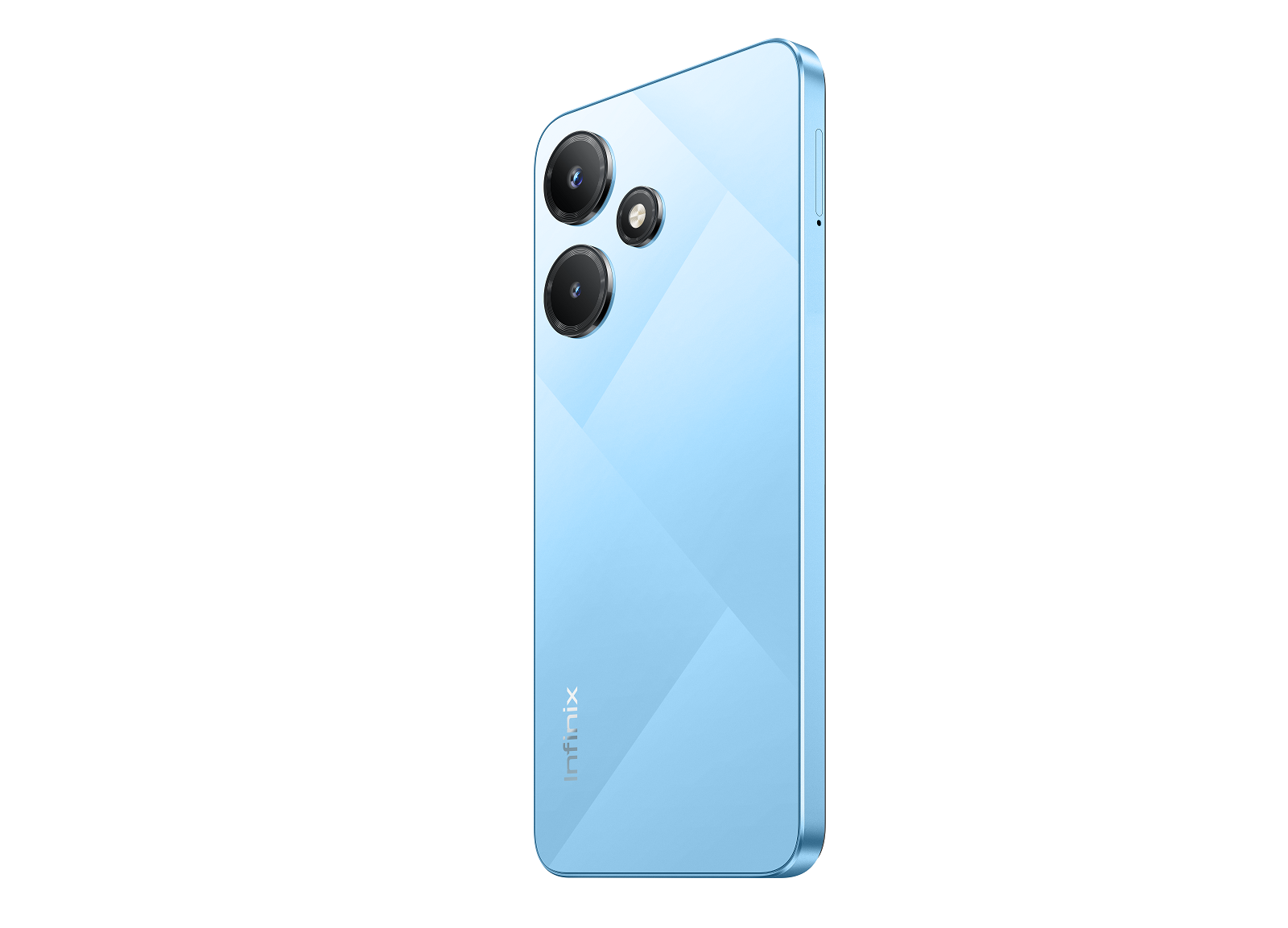 Açık mavi Infinix telefon, çift kameralı, açılı görünüm.