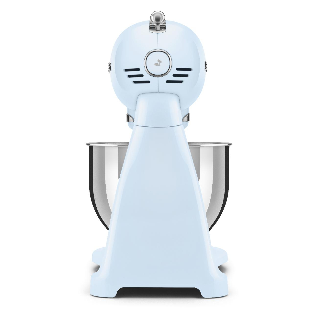Blauer Smeg-Küchenmixer, Rückansicht. Silberne Rührschüssel sichtbar.