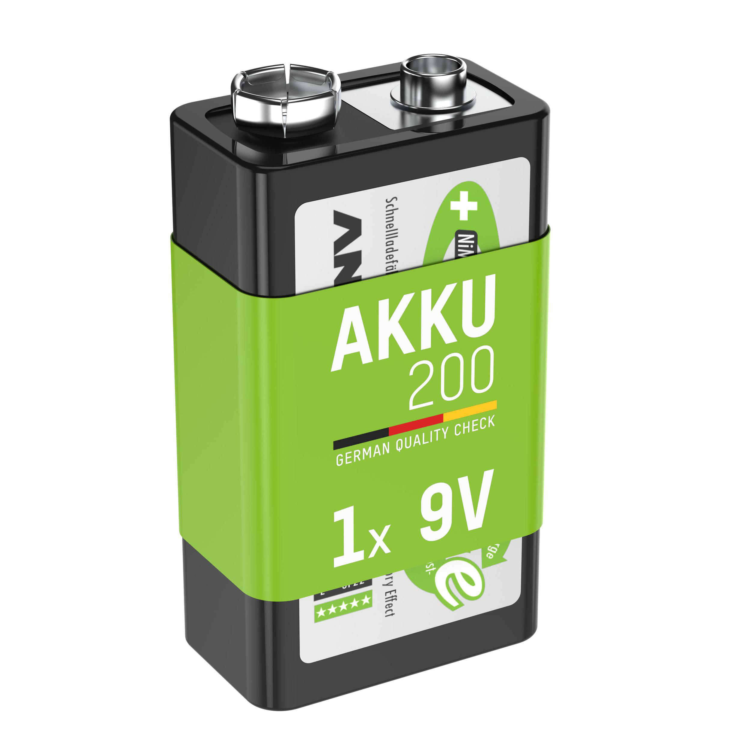 Eine schwarze 9V-Batterie mit einem grünen Band und dem Text 'AKKU 200'.