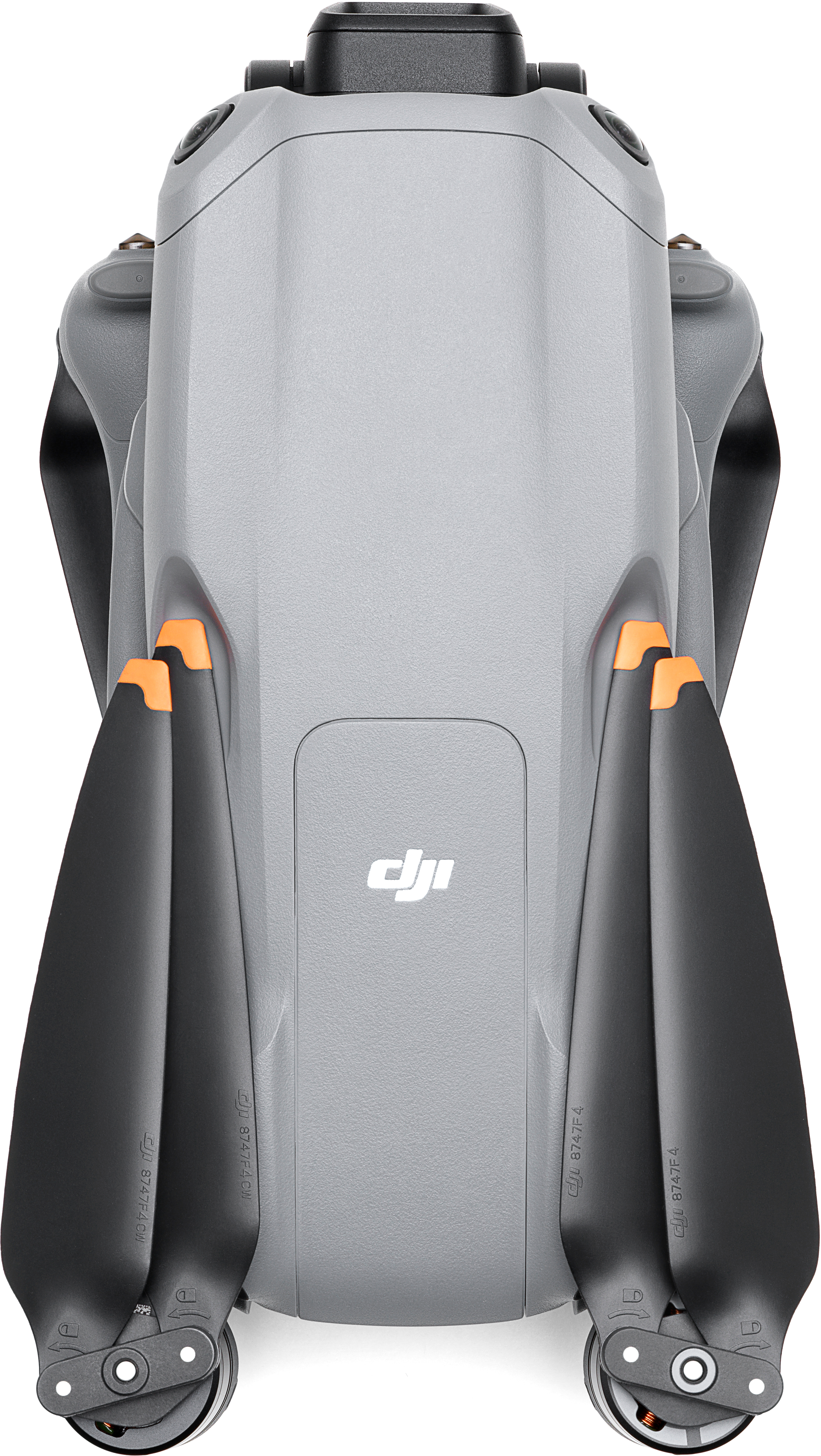 Un drone grigio con eliche nere e accenti arancioni, visto dall'alto. Il logo DJI è visibile.