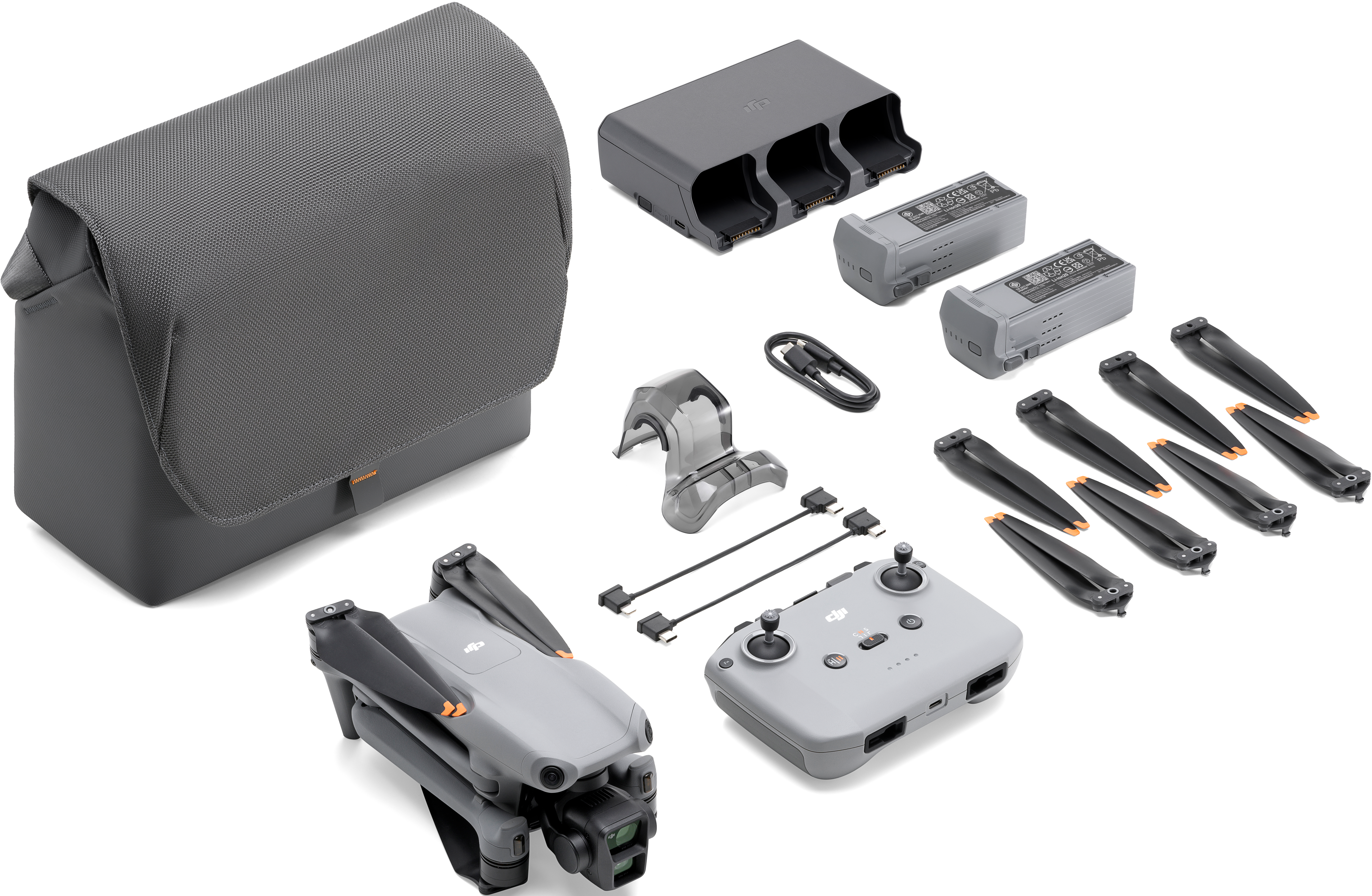 Kit drone con drone, borsa per il trasporto, batterie e accessori.