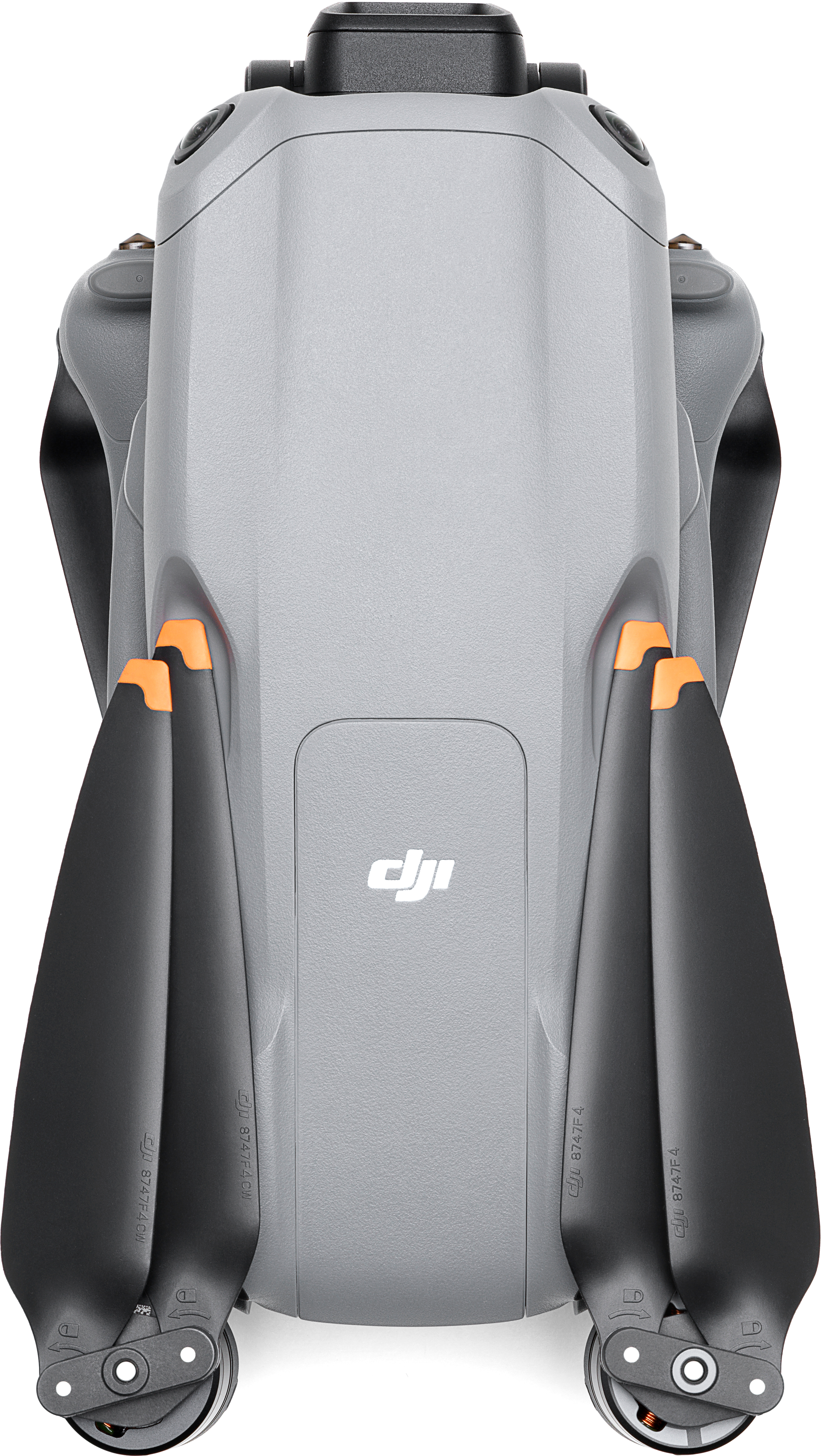 Vista dall'alto di un drone grigio con eliche nere e dettagli arancioni. Logo DJI visibile.