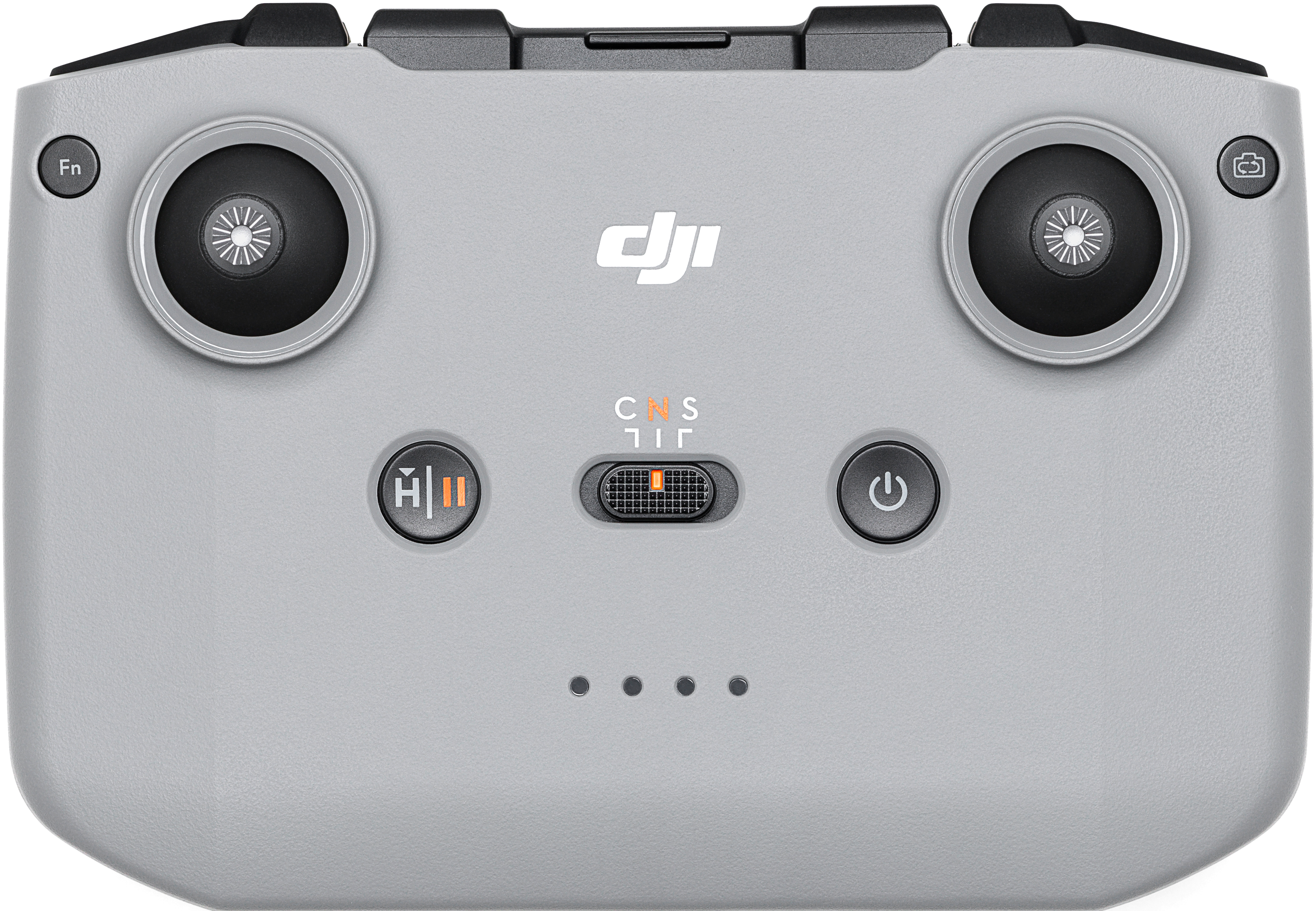 Controller drone DJI, grigio, con joystick, pulsanti e un interruttore centrale. Vista dall'alto.
