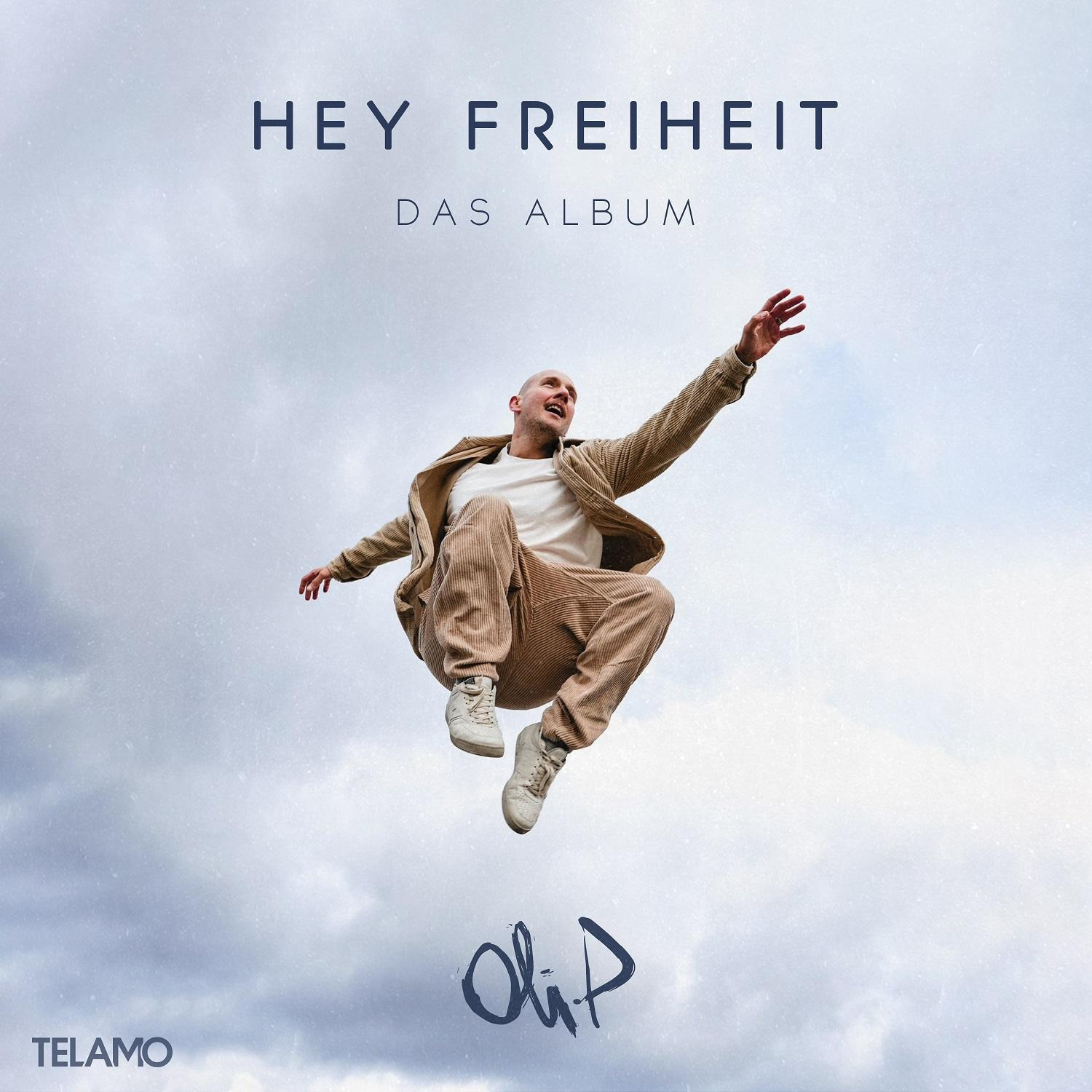 Albumcover für Hey Freiheit, mit einem Mann, der vor einem bewölkten Himmel in der Luft springt.