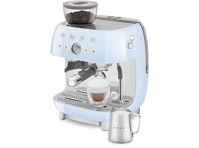 Smeg EGF 03 PBEU 50's Style Espressomaschine mit Siebträger (Pastellblau, Edelstahlmahlwerk/Kegel, 1650 Watt, 20 bar)