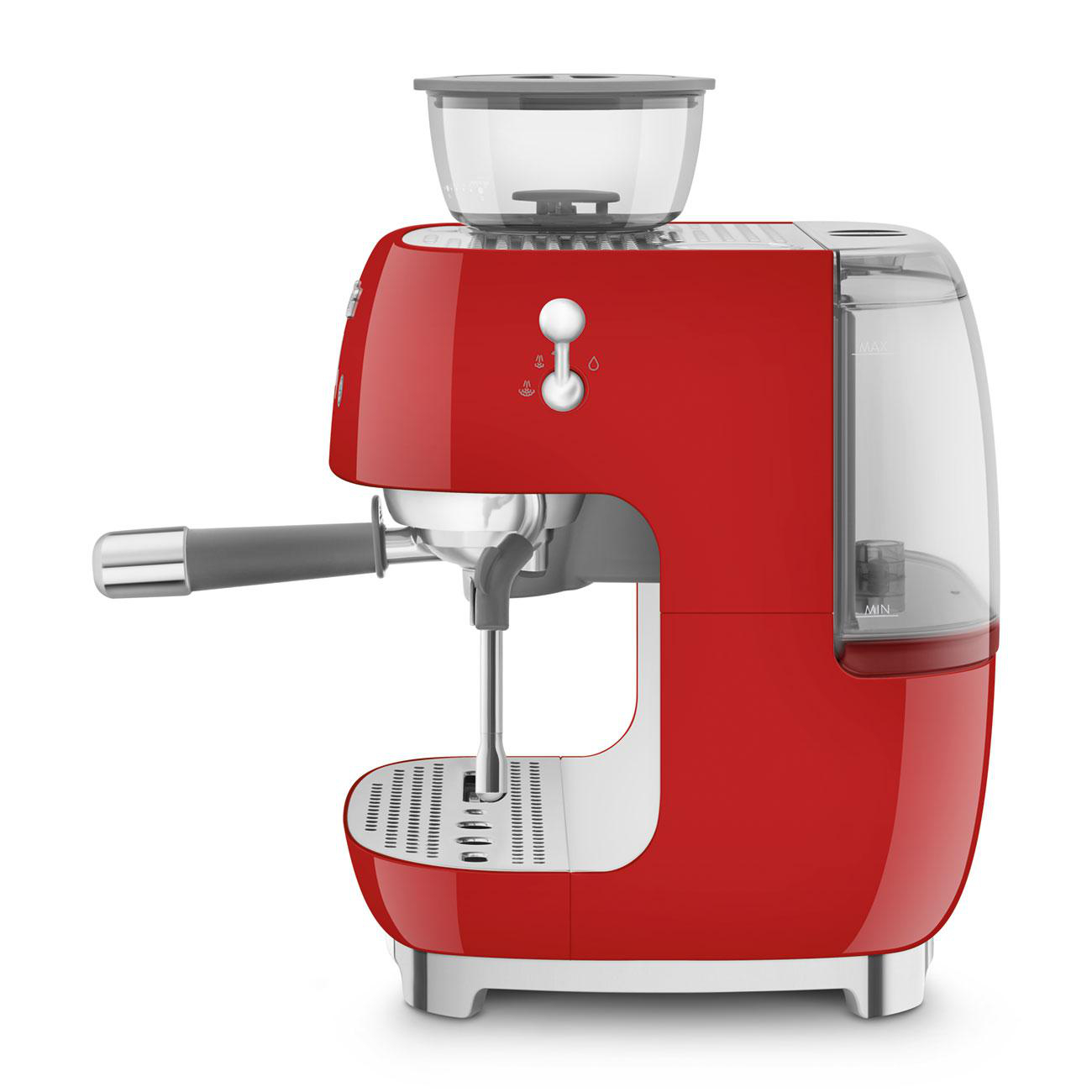 Rote Espressomaschine, weiße Akzente, klarer Wassertank.
