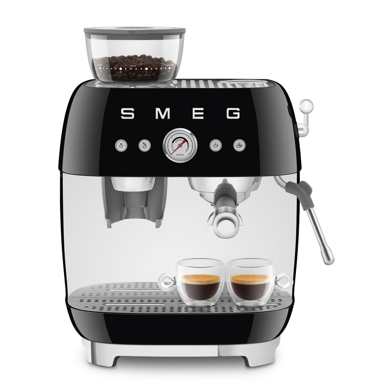 Eine schwarz-silberne Espressomaschine mit zwei Tassen Kaffee.