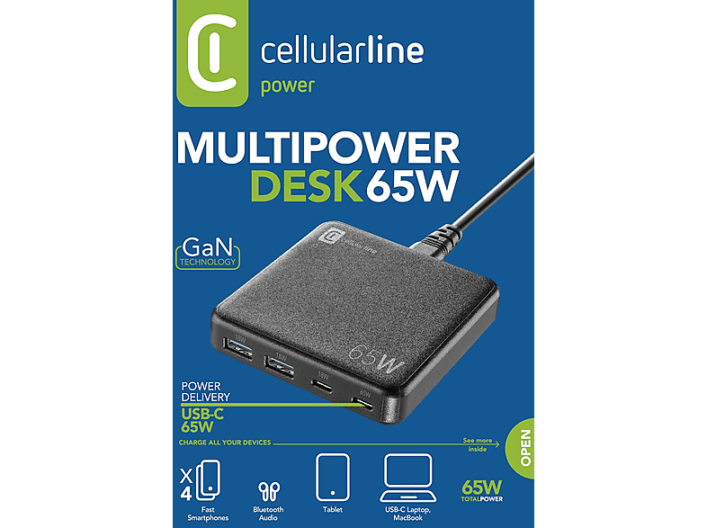 CELLULARLINE Multipower 4 Portlu Gan 65W Şarj Cihazı Siyah_2