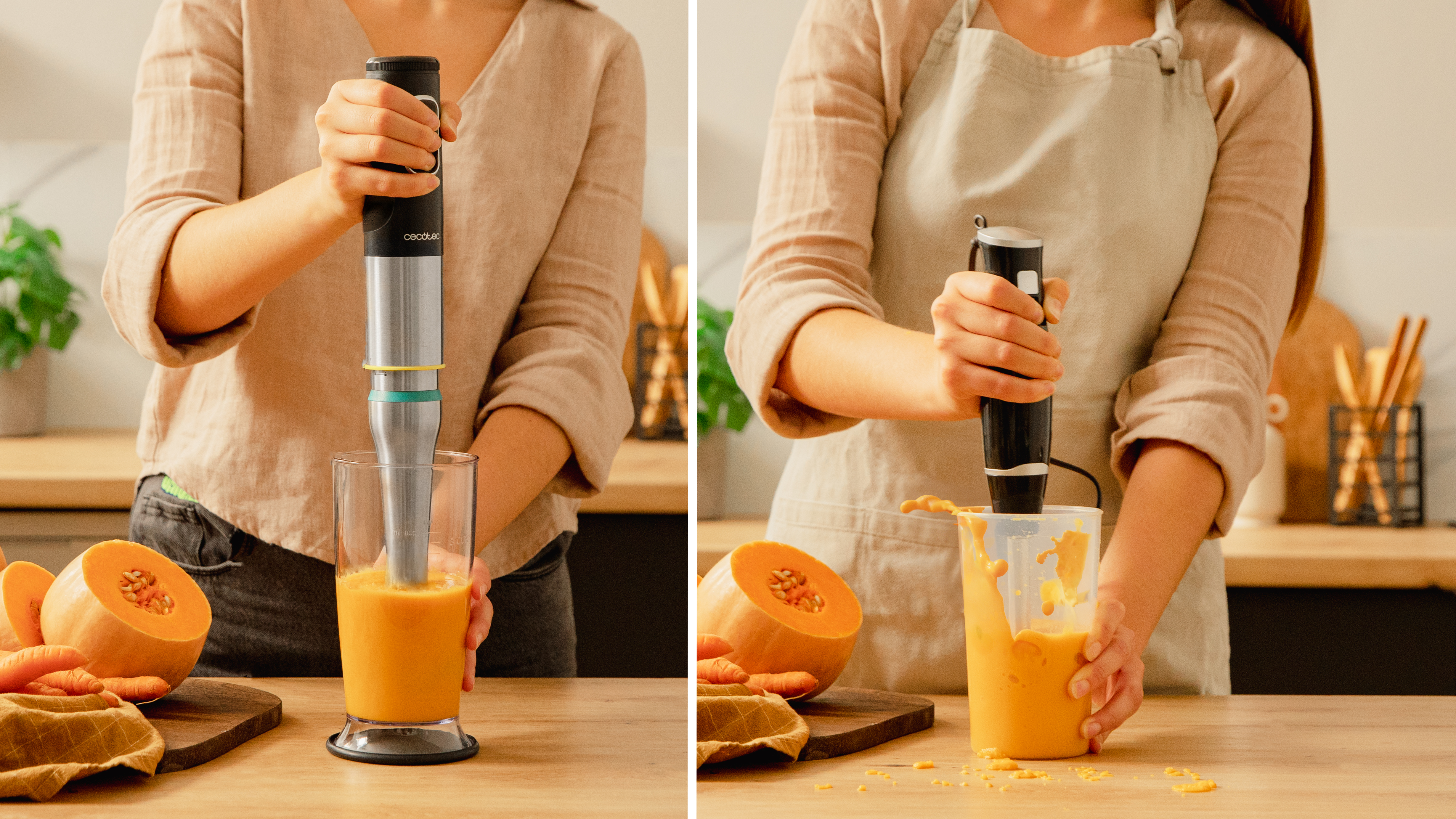 Dos imágenes de una persona usando batidora de mano para hacer puré naranja, con calabaza y zanahorias.